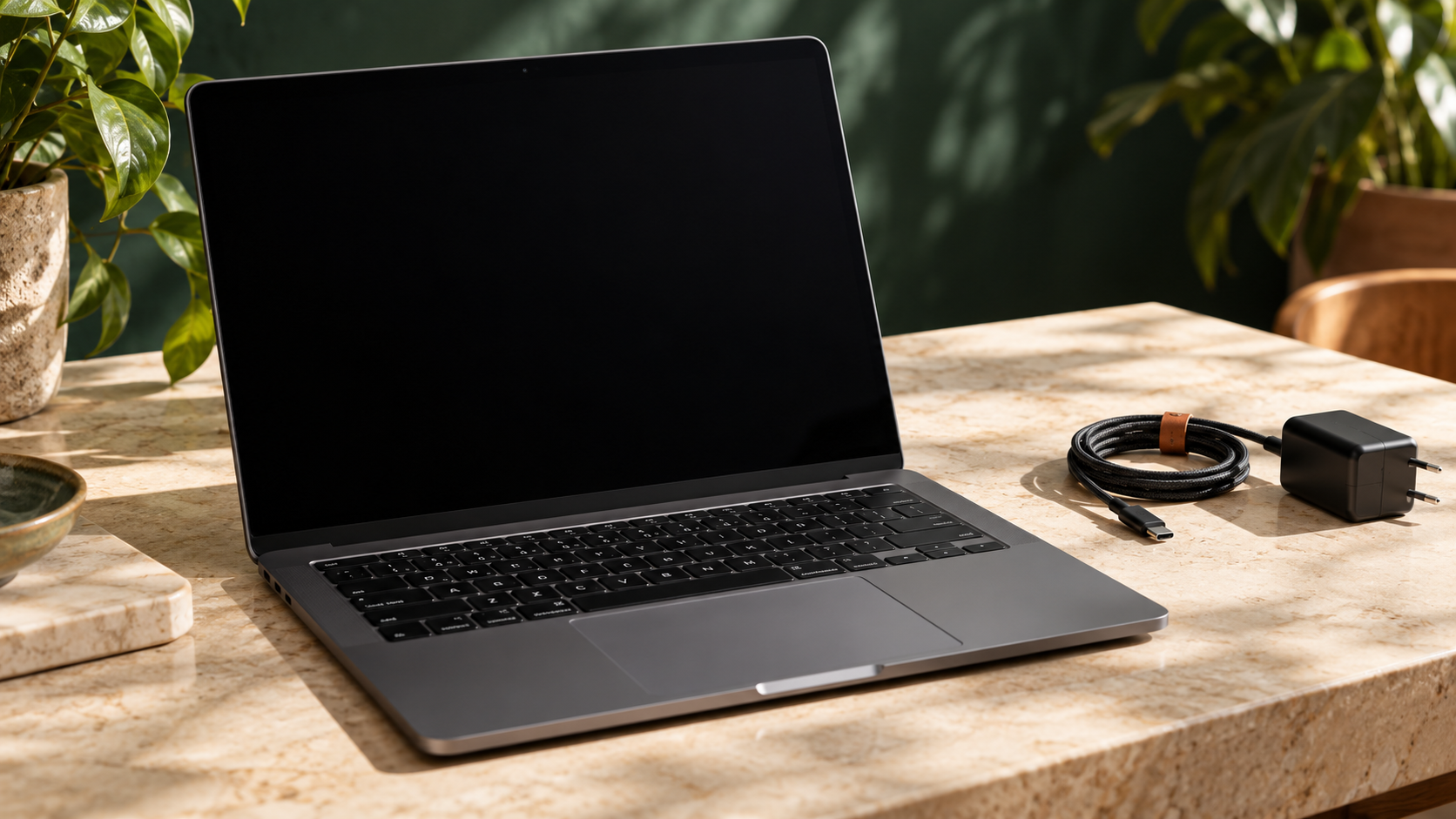 Illustration: ausgeschalteter Laptop mit schwarzem Bildschirm und abgestecktem USB-C-Ladegerät
